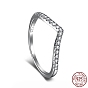 925 Sterling Silver Micro Pave Cubic Zirconia Finger Ring for Women, V-Shaped, with 925 Stamp, Real Platinum Plated