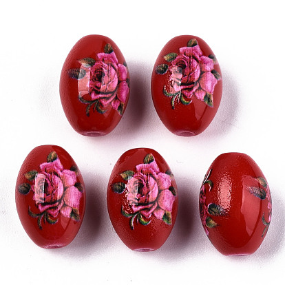 Perles de verre opaques imprimées et peintes à la bombe, ovale avec motif floral