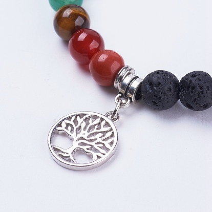 Bracelets extensibles en pierre de lave naturelle, avec pendentifs en pierre mélangée et en laiton, plat et circulaire avec arbre de vie