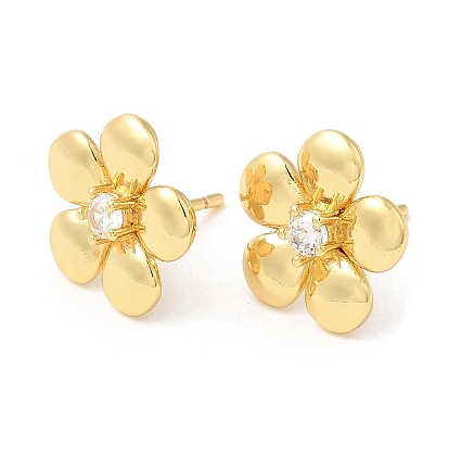 Brass Flower Stud Earrings with Clear Cubic Zirconia, Lead Free & Cadmium Free