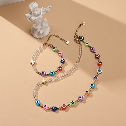 Bracelet et collier en perles de mauvais œil en cristal de quartz naturel et résine, 304 ensemble de bijoux croix en acier inoxydable pour femmes