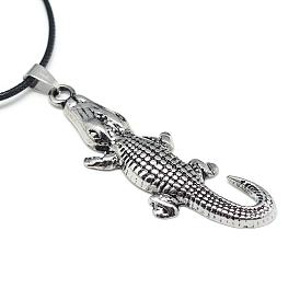 Alloy Pendant Necklaces, with Waxed Cord and Iron End Chains, Crocodile