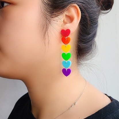 Rainbow Color Pride Flag Acrylic Heart Dangle Stud Earrings, Brass Long Drop Earrings for Women