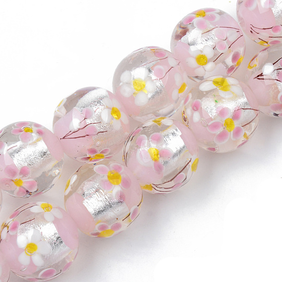 Perles de verre au chalumeau faites à la main en argent, fleur intérieure, ronde