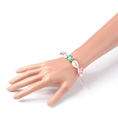 Bracelets de cheville / bracelets cauris, avec perles d'argile polymère de couleur aléatoire 3d fleur de plumeria et cordon de coton ciré