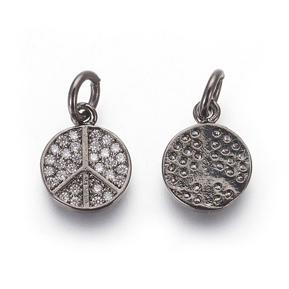 Brass Micro Pave Cubic Zirconia Charms, Lead Free & Cadmium Free, Clear, Peace Sign