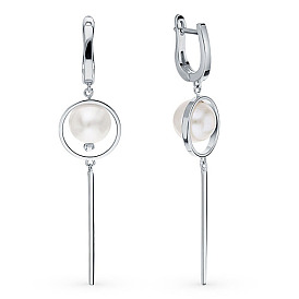 Rhodium Plated 925 Sterling Silver Geometric Dangle Hoop Earring, with Pearl Round Beads