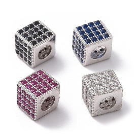 925 Sterling Silver Beads, with Cubic Zirconia, Real Platinum Plated/Real 18K Gold Plated, Cube