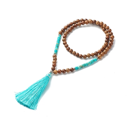 Tassel Nylon Big Pendant Necklace for Girl Women, Round Natural Imperial Jasper & Wenge Wood Beads Necklace