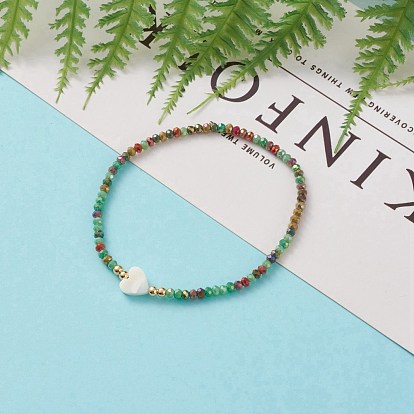 Bracelets extensibles en perles de verre rondelles à facettes, avec des perles coeur en coquillage naturel et des perles rondes en laiton