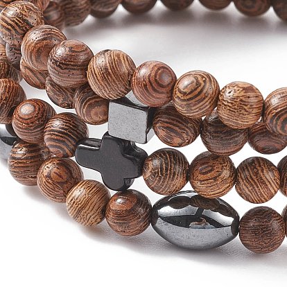 4 pcs 4 style bois naturel et turquoise synthétique (teint) et bracelets extensibles en hématite sertis de perles croisées, bijoux en pierres précieuses pour femmes