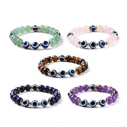 5 pcs naturel lapis lazuli (teint) & améthyste & oeil de tigre & perles d'aventurine verte ensemble de bracelets extensibles, bijoux en résine mauvais œil pour femmes hommes