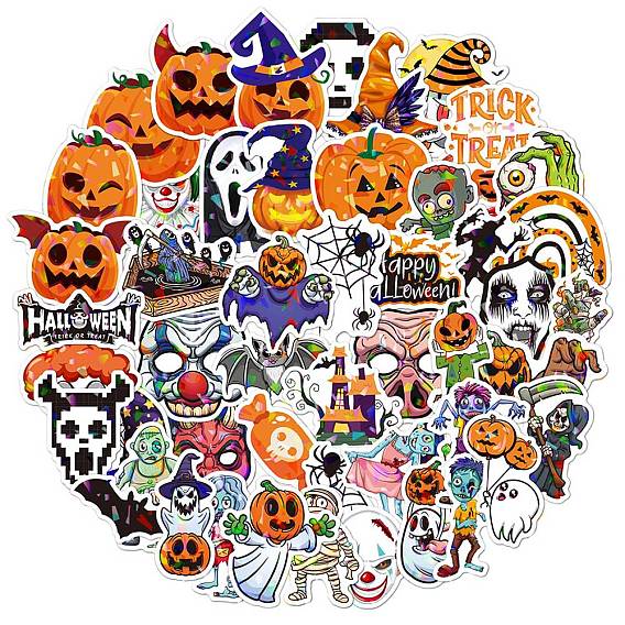 Halloween Themed Laser Style PVC Sticker Labels, Self-adhesive Decals, for Suitcase, Skateboard, Refrigerator, Helmet, Mobile Phone Shell