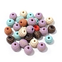 30Pcs Spray Painted Wood Beads, for DIY Craft, Jewelry Making, Round with Engraved Pattern, Stripe/Floral Pattern, Mixed Color