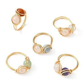 5Pcs 5 Style Natural Mixed Gemstone Round Finger Rings Set, Golden Copper Wired Wrap Rings