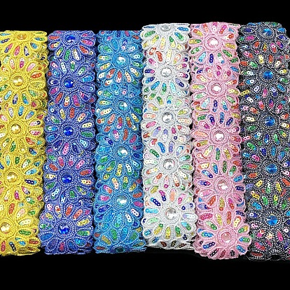 Bordure en dentelle de polyester, avec des paillettes colorées, fleur, accessoires du vêtement