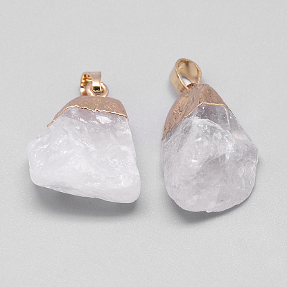 Rough Raw Natural Quartz Crystal Pendants, Rock Crystal Pendants, with Iron Findings, Nuggets, Golden