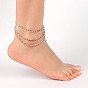 Brass Rhinestone Tiered Anklets, with Zinc Alloy Lobster Claw Clasps and Iron Chains