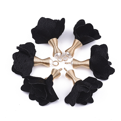 Iron Pendants, with Cloth and ABS Plastic Imitation Pearl, Flower, Golden