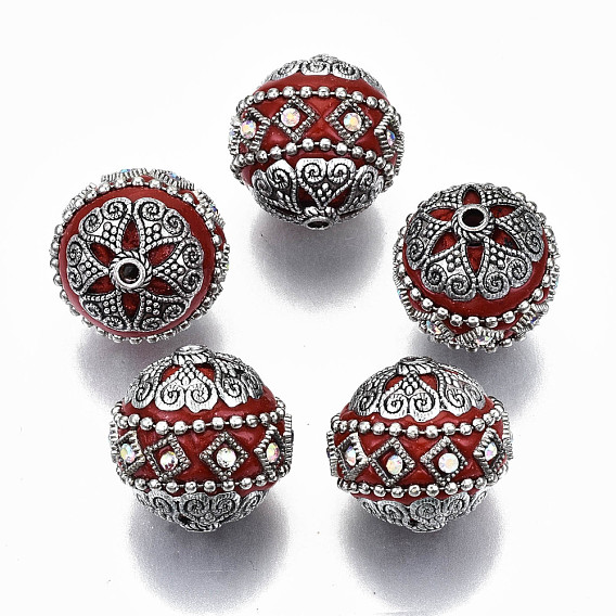 Perles Indonésiennes manuelles, avec des strass en cristal ab et des apprêts en laiton argenté antique, ronde