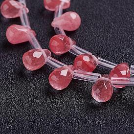 Cherry Quartz Glass Beads Strands, Top Drilled Beads, Teardrop, Faceted