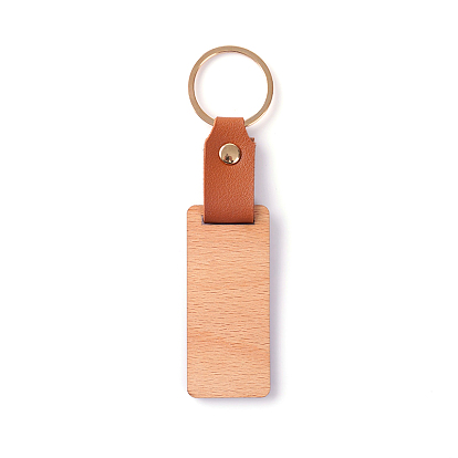 Wooden & Imitation Leather Pendant Keychain, with Iron Rings