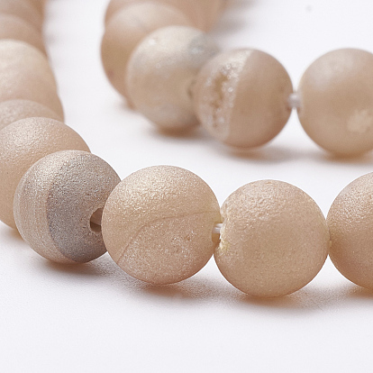 Electroplate Natural Druzy Geode Weathered Agate Beads Strands, Frosted, Dyed, Round