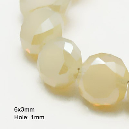 Abalorios de vidrio electroplate, medio chapado, facetados, esmerilado, plano y redondo, 6x3 mm, agujero: 1 mm