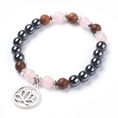 Bracelets à breloques en alliage filigrane de style tibétain, avec des perles naturelles de pierres précieuses, perles d'hématite synthétique et de bois non magnétiques