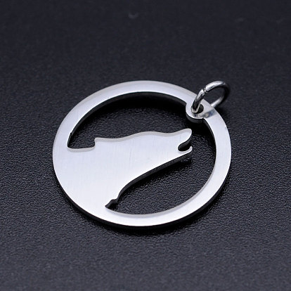 201 Stainless Steel Pendants, Howling Wolf Pendants, with Unsoldered Jump Rings, Flat Round with Wolf