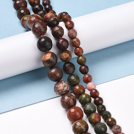 Natural Polychrome Jasper/Picasso Stone/Picasso Jasper Beads Strands, Faceted(128 Facets), Round