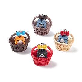Opaque Resin Pendants, Flower Basket Kitten Charms, with Platinum Tone Iron Loops for DIY Necklace