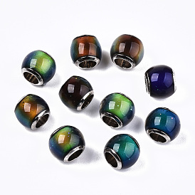 Glass European Beads, Large Hole Beads, with Platinum Tone Brass Double Cores, Rondelle, Changing Color Mood Beads