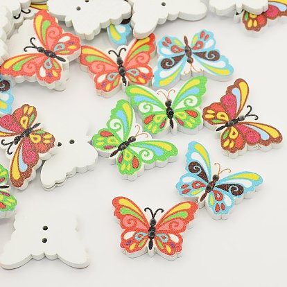 Printed Butterfly Wooden Buttons, 2-Hole, Dyed, 17x24x4mm, Hole: 1mm