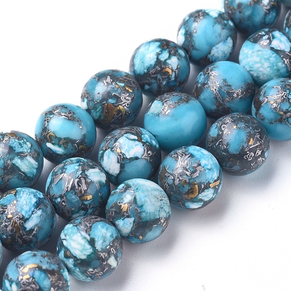 Brins de perles turquoise en ligne argent synthétique assemblés, teint, ronde