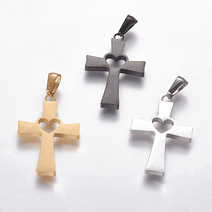 304 Stainless Steel Pendants, Cross with Heart