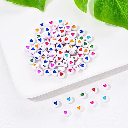 White Opaque Acrylic Beads, Flat Round with Mixed Color Heart Pattern