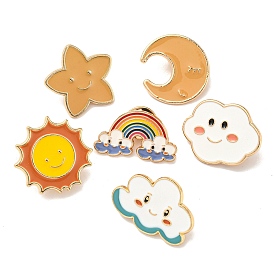 Star/Moon/Sun/Cloud/Smiling Face Weather Theme Enamel Pins, Golden Plated Alloy Badge for Backpack Clothes