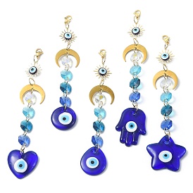 Handmade Evil Eye Lampwork Pendant Decorations, with Octagon Glass Beads and Moon Link, 304 Stainless Steel Lobster Claw Clasps, Star/Heart/Flat Round/Teardrop/Hamsa Hand
