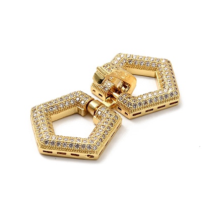 Brass Micro Pave Clear Cubic Zirconia Fold Over Clasps, Cadmium Free & Lead Free, Pentagon