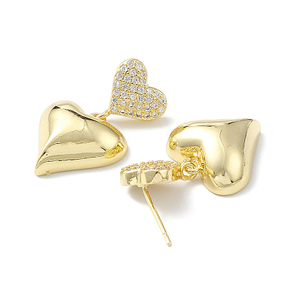 Clear Cubic Zirconia Heart Dangle Stud Earrings, Rack Plating Brass Jewelry for Women, Lead Free & Cadmium Free