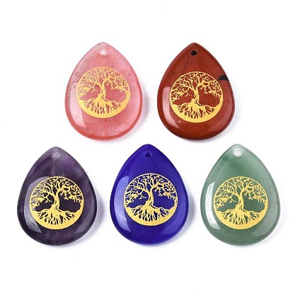 Natural & Synthetic Gemstone Pendants, Teardrop with Tree of Life Pattern