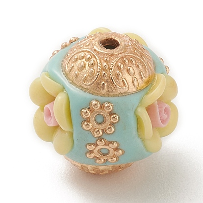 Handmade Indonesia Beads, with Alloy Findings and Resin, Rondelle with Flower