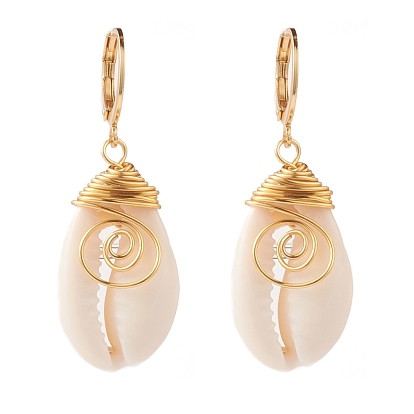 304 Stainless Steel Leverback Earrings, with Wire Wrapped Natural Cowrie Shell Beads, Golden