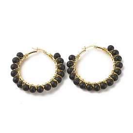 Natural & Synthetic Mixed Stone Beaded Hoop Earrings for Women, Real 18K Gold Plated Wire Wrap Big Circle Hoop Earrings