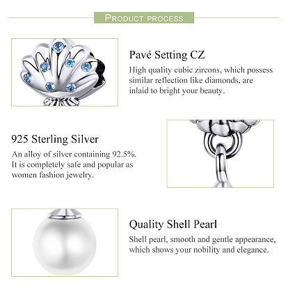 925 Sterling Silver European Dangle Charms, with Cubic Zirconia and Pearl, Shell & Round