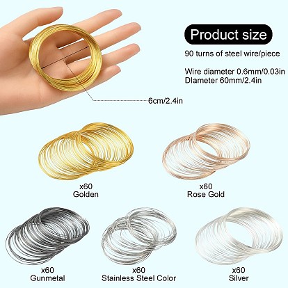 300 Circles 5 Colors Steel Memory Wire, Round, for Collar Necklace Wrap Bracelets Making