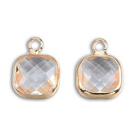 Transparent K9 Glass Pendants, with Light Gold Plated Brass Findings, Cadmium Free & Lead Free, Faceted, Square