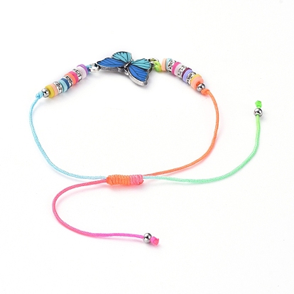 Adjustable Nylon Cord Link Bracelets, with Printed Alloy Links, Polymer Clay Heishi Beads, 304 Stainless Steel Round Beads and Brass Rhinestone Beads, Butterfly