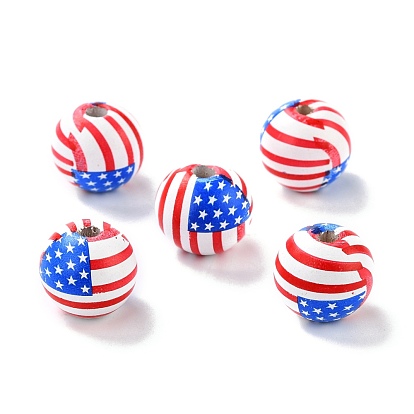 Independence Day Natural Wood Beads, Spray Painted, Ball with the Old Glory, Blue & White